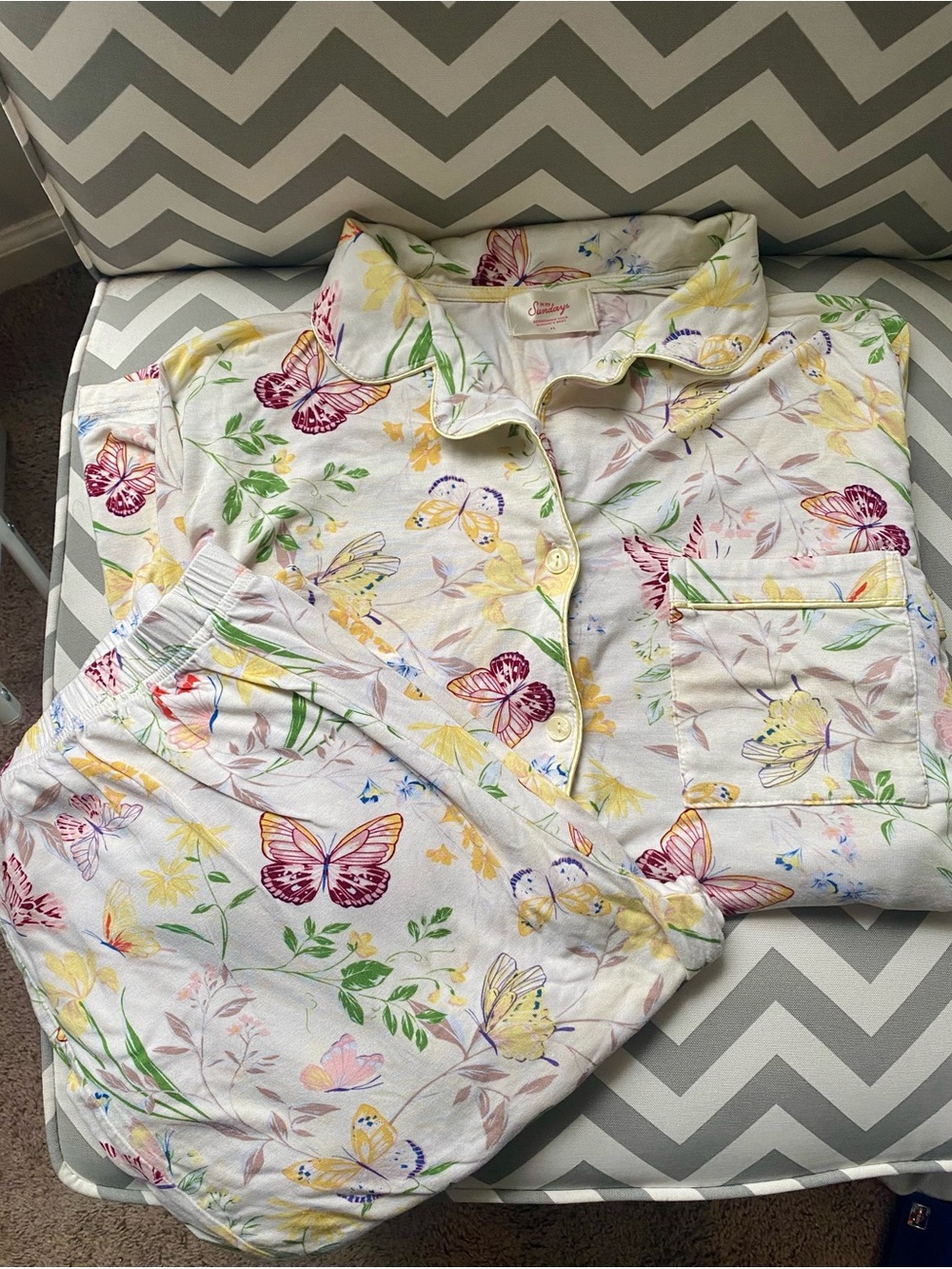 In My Sundays Butterfly Floral Pajama Set in White with Yellow & Pink Accents